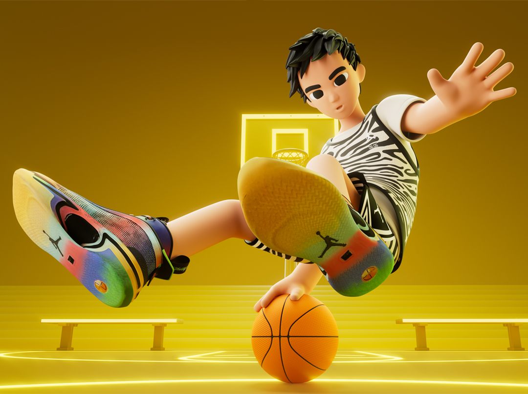 3D athlete character performing a trick with a basketball for Nike China