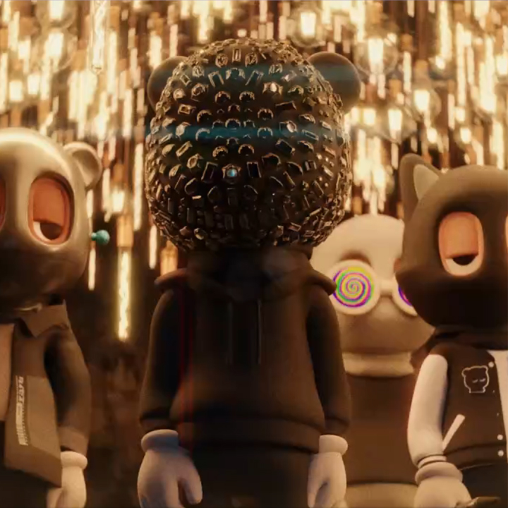 Stylized characters wearing textured balaclavas under dramatic lighting