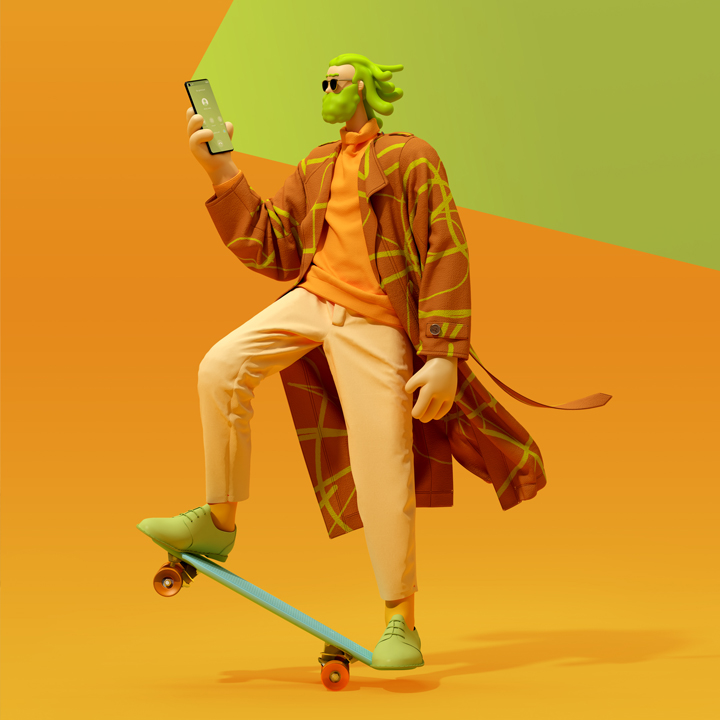 3D character riding a skateboard and using a phone for Bankia