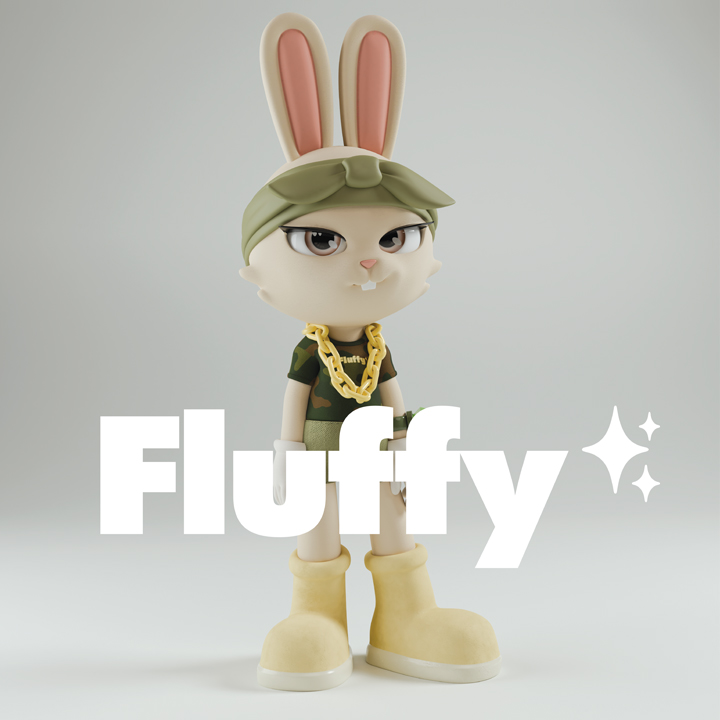 Fluffy character with bunny ears in stylized 3D design