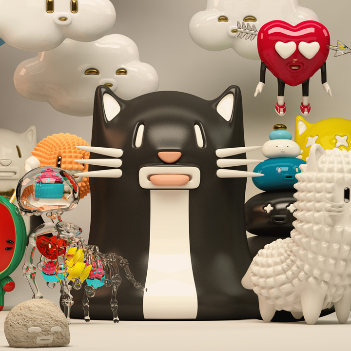 Mr. Kat character surrounded by stylized toy-like characters